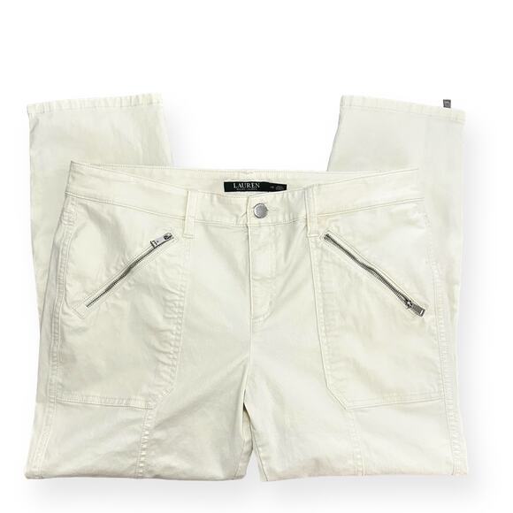 LAUREN RALPH LAUREN Ivory Ankle Zip Cropped Pants Slim Fit Mid Rise Biker - Picture 4 of 11